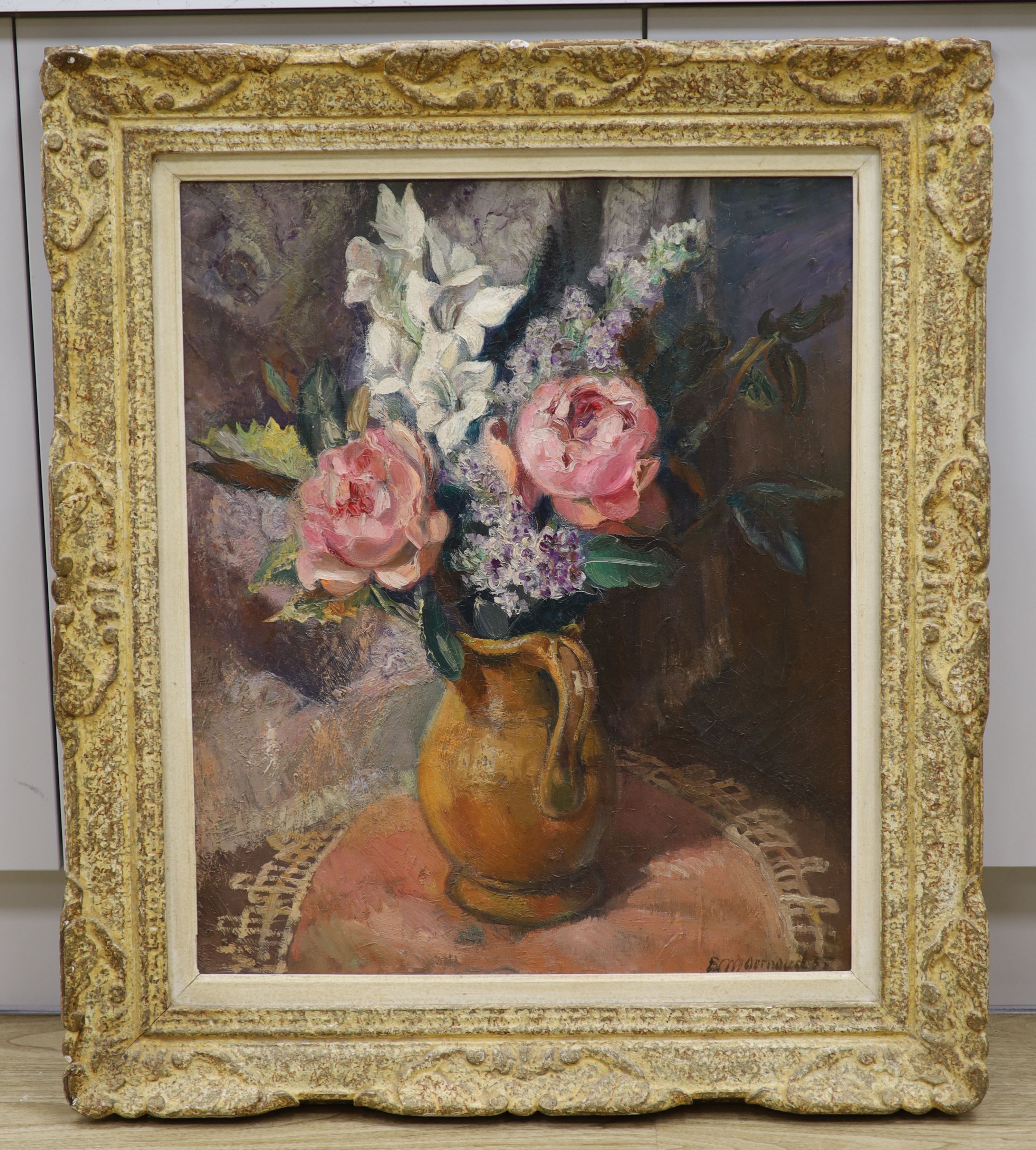 Eugène Mournaud (1903-1970), oil on canvas, still life of flowers in a jug, signed and dated 55, 64 x 53 cm.